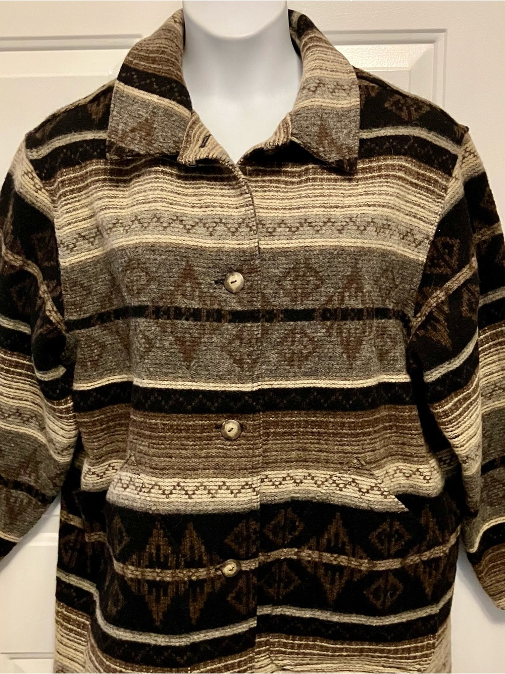 L.L. Bean Sz XL Brown Cream Aztec Print Patterned Women’s Chore Wool Peacoat